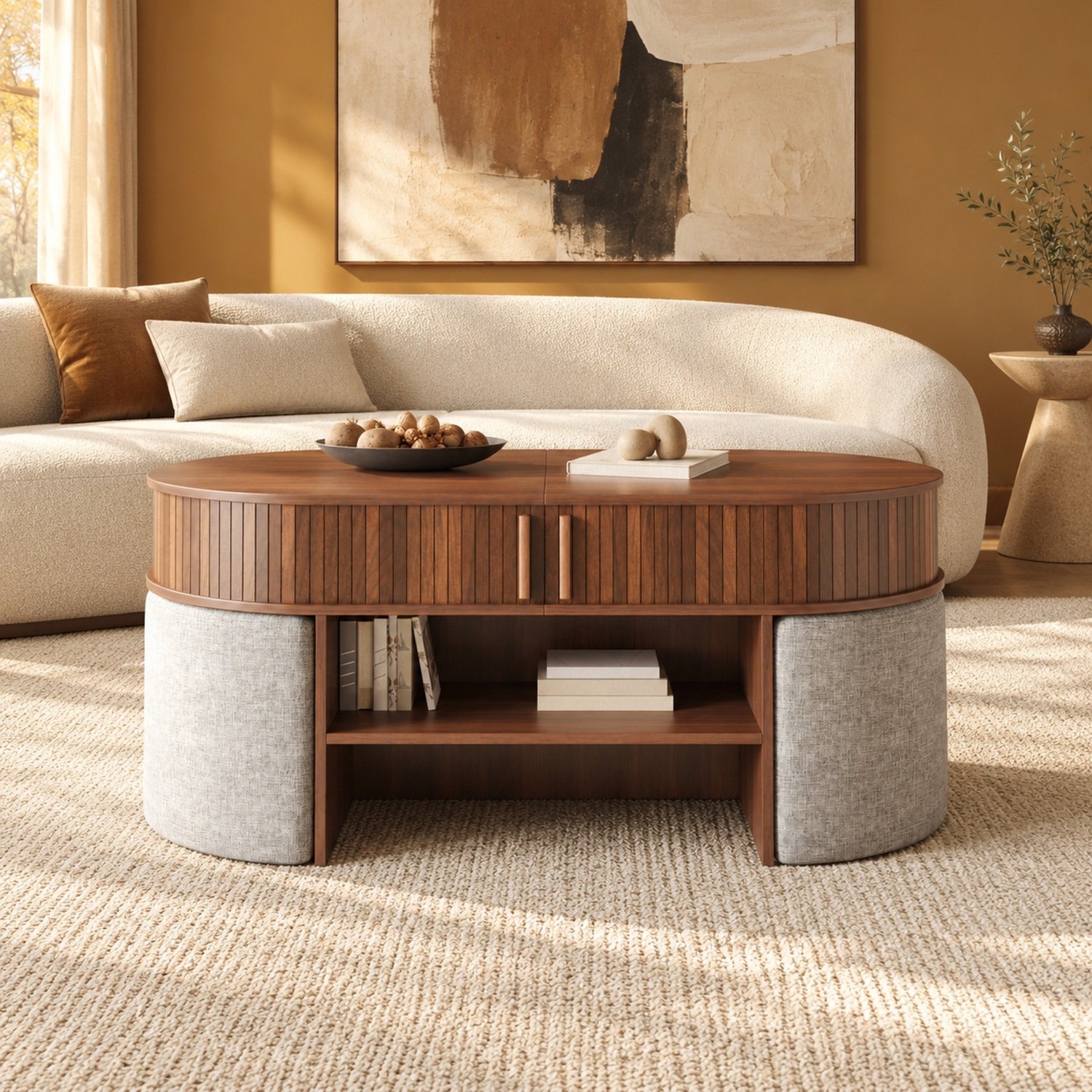MEUNIQ ovale salontafel 120 x 60 x 51,5 cm met schuifdeuren, open opbergvak en bijpassende gestoffeerde krukken voor de woonkamer, walnootkleur