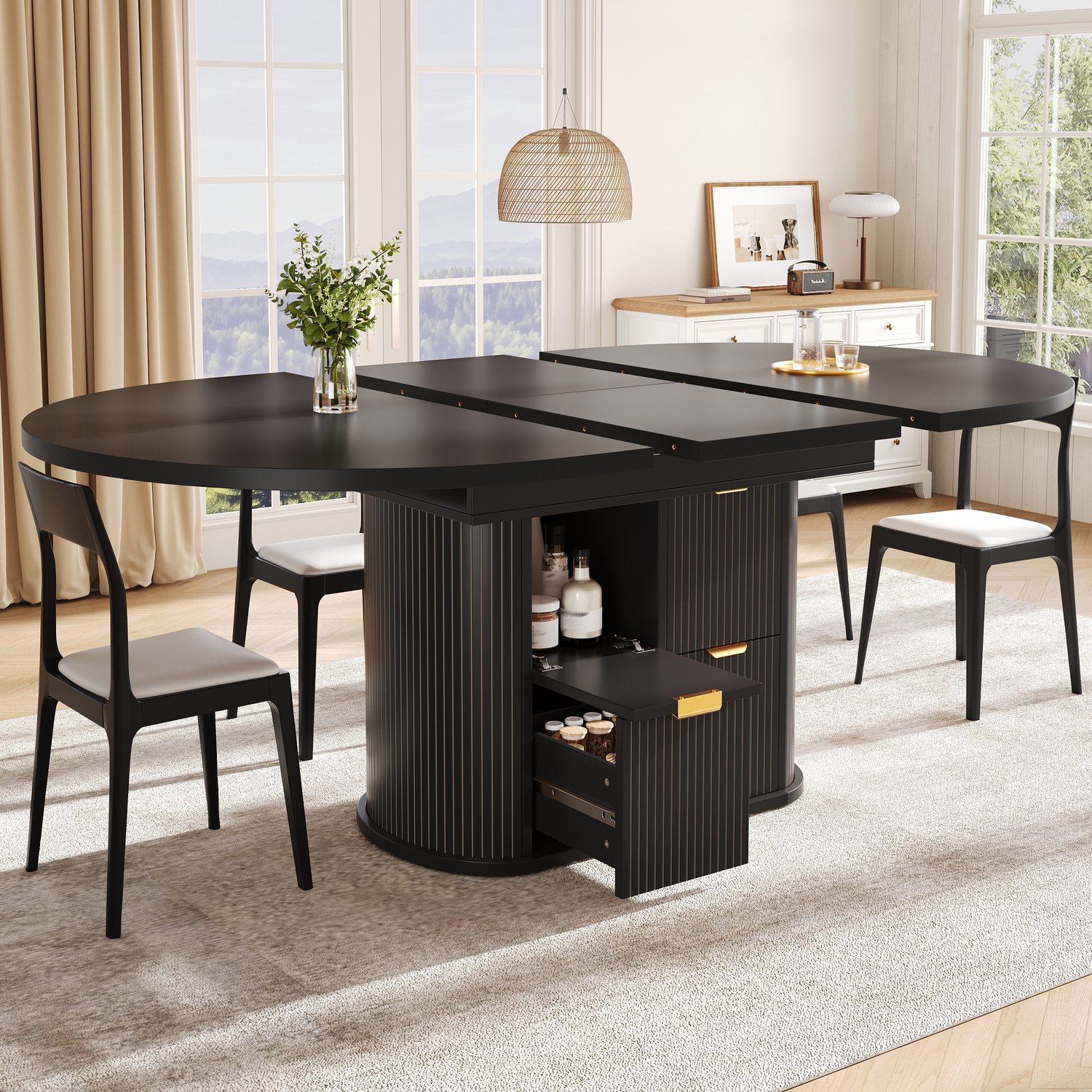 OKWISH Eettafel - Uitschuifbaar Ovaal Blad met 2 Laden en Opbergruimte - Voor 4 tot 6 Personen - MDF en Metaal Zwart - 118 of 158 x 118 x 76,8 cm
