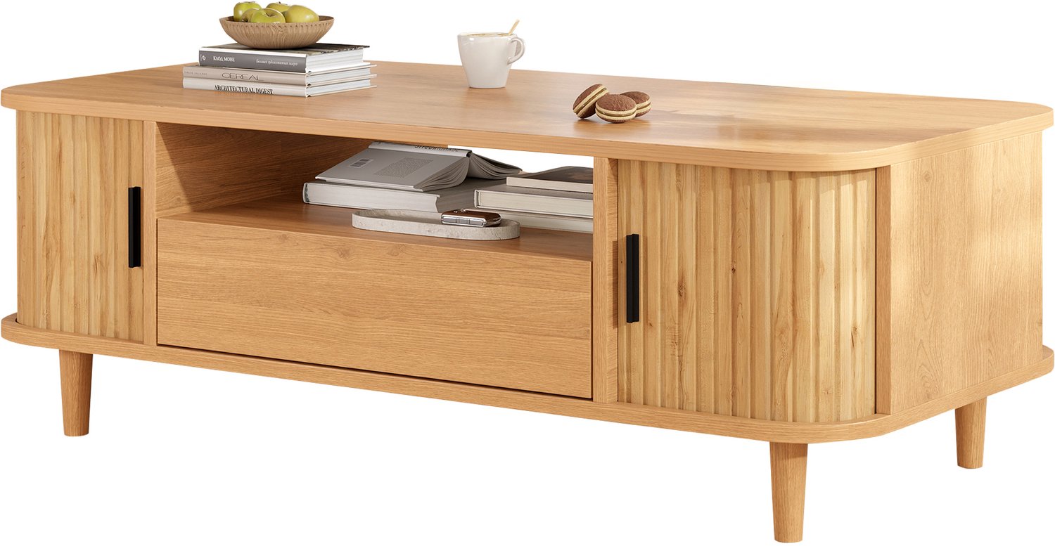REDOM Salontafel 100x50x35 cm - 2 roldeuren, lade en open vak - Naturel Naturel houtkleur