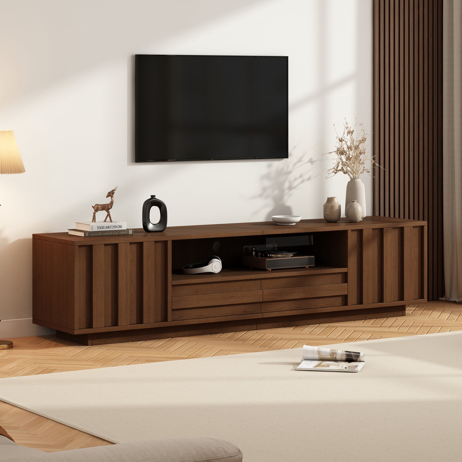 OKWISH Tv-Meubel - 2 Deuren, 2 Lades en Open Vak - Voor Tv's tot 75 Inch en Woonkamer - MDF en Spaanplaat, Walnootkleur - 180 x 40 x 45 cm