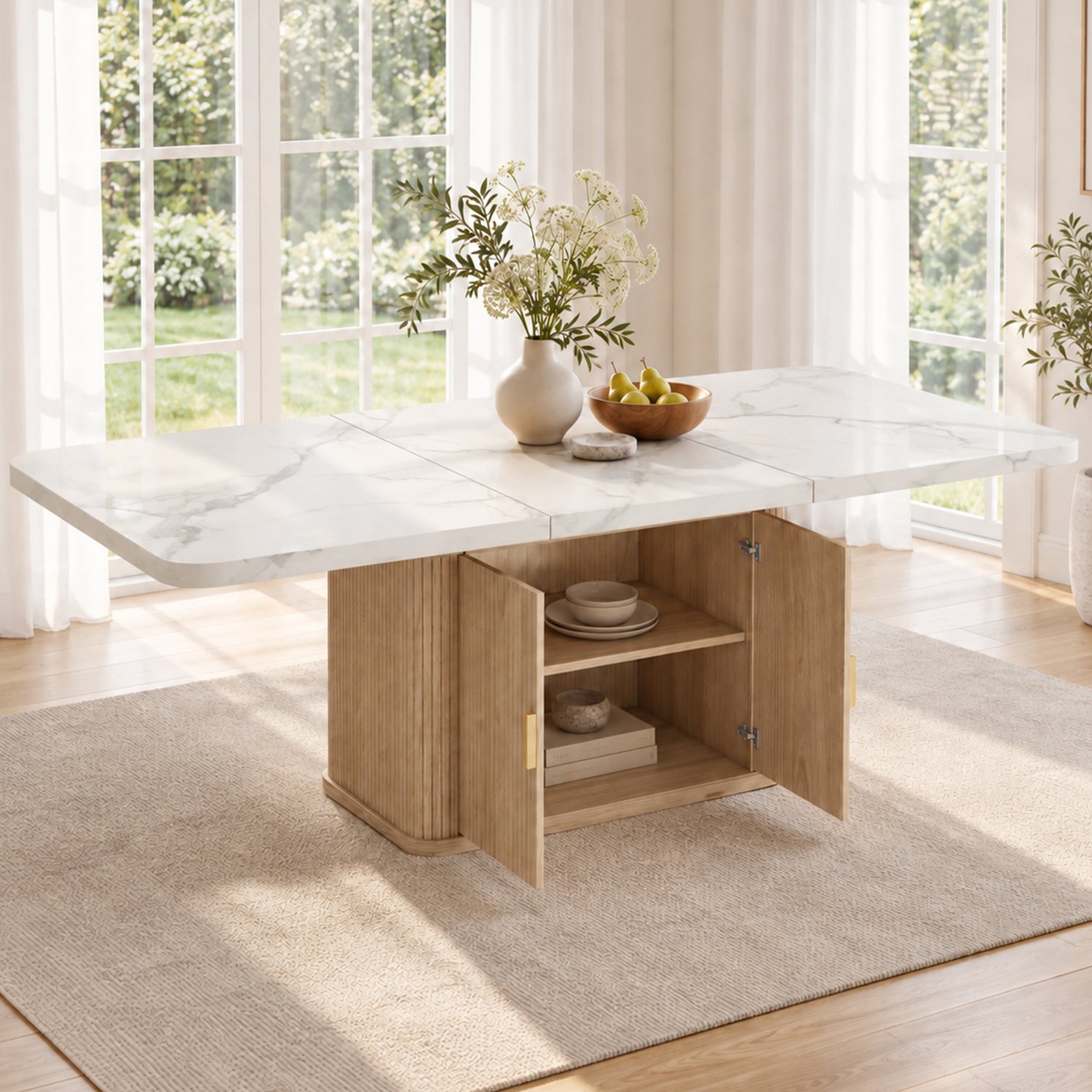 OKWISH Uitschuifbare Eettafel - Met Opbergruimte voor 6 tot 8 Personen - Eetkamer - MDF Wit en Eikenkleur - 150 tot 200 bij 90 bij 75 cm
