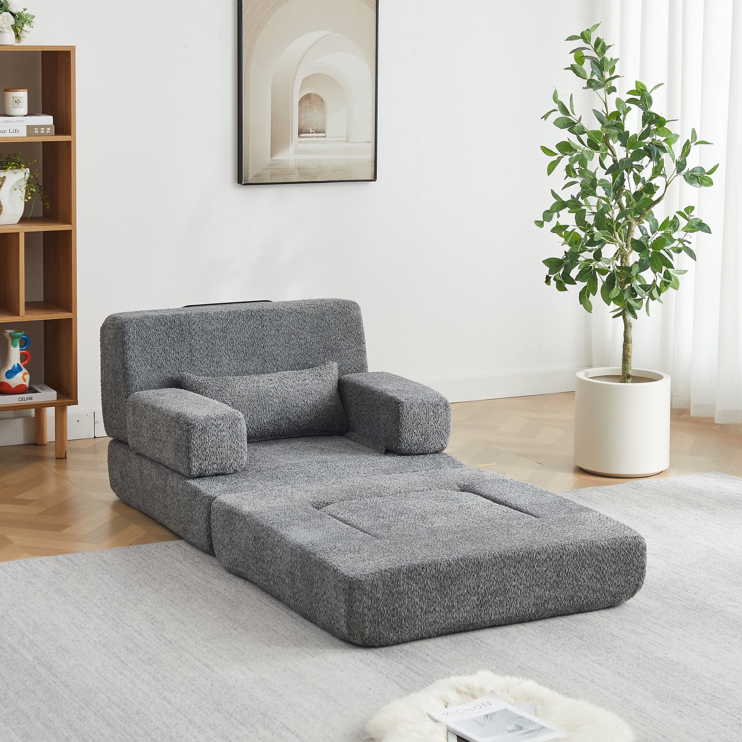 FloraGrace Slaapbank 90 x 90 x 80 cm - Modulaire Eenpersoonsbank en Logeerbed - Uitklapbaar Zonder Gereedschap - Woonkamer - Chenille - Grijs