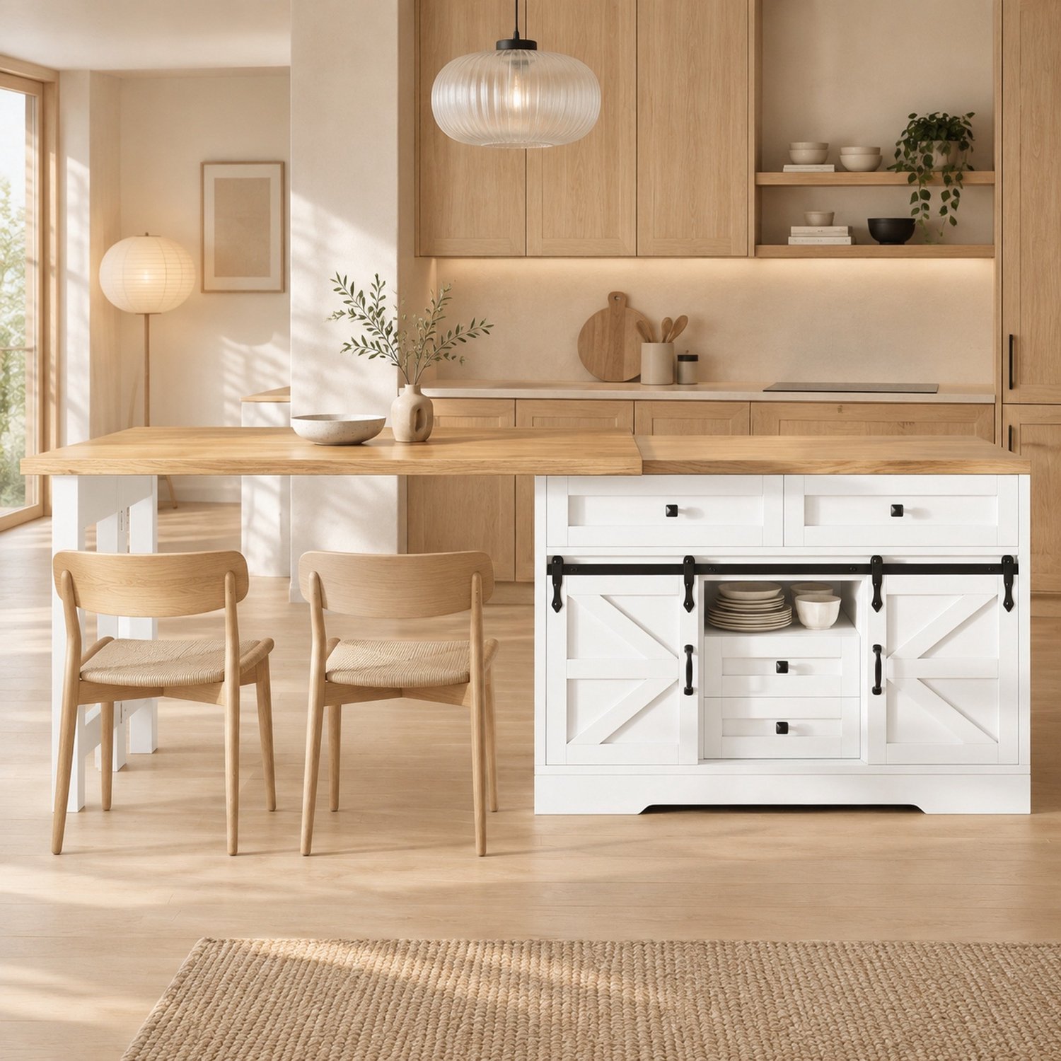 Wishdor Uitschuifbaar keukeneiland en eettafel - 360° draaibare tafelbladen - Kast met verborgen lades en schuifdeur - Extra tafelruimte voor keuken en eetkamer - MDF met eikenlook - Wit - 120-197 x 40 x 72 cm