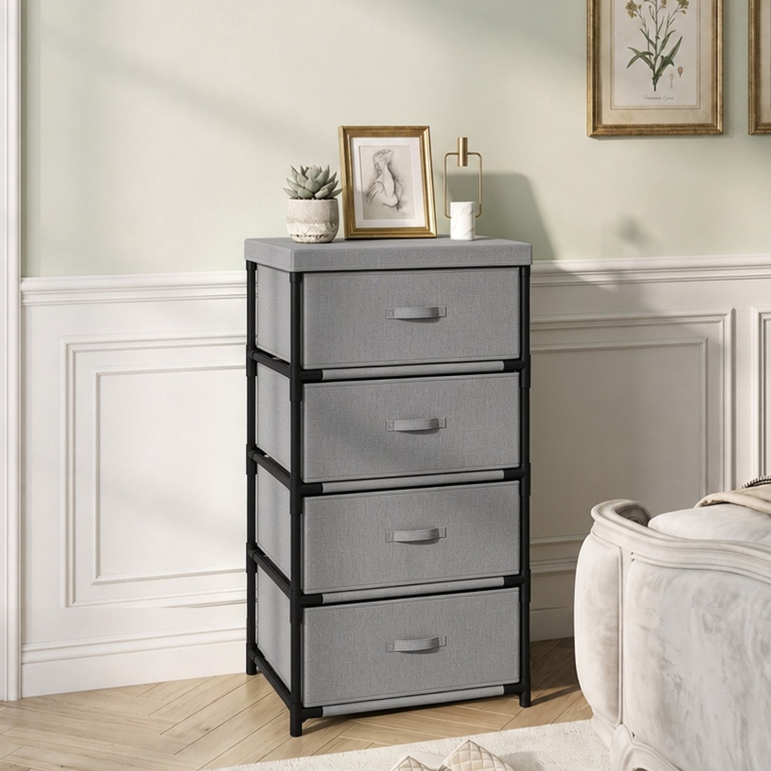 HAUSS SPOLE Ladekast - 4 Stoffen Lades Met Stalen Onderstel - Voor Woonkamer, Werkkamer En Hal - Grijs En Zwart - 42 x 32 x 80 cm