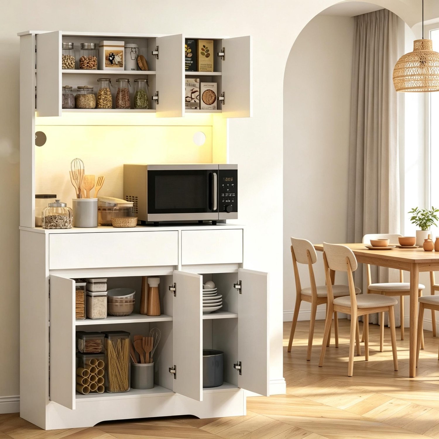 HAUSS SPOLE Keukenkast - Met Werkblad, Ledverlichting, 6 Deuren En 2 Lades - Voor Keuken En Eethoek - Mdf En Spaanplaat - 100x38x180 Cm - Wit