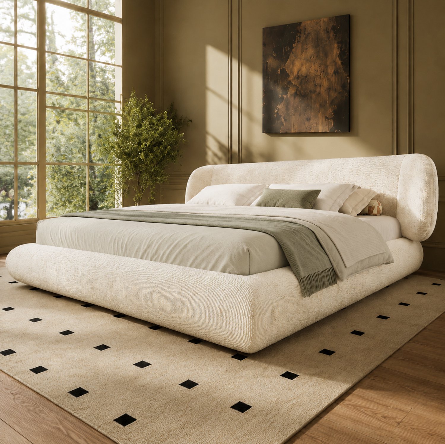 HAUSS SPOLE Gestoffeerd Bed 160x200 cm - Tweepersoonsbed met Lattenbodem en Zacht Hoofdeinde - Zonder Matras - Afgeronde Hoeken - Chenille - Beige