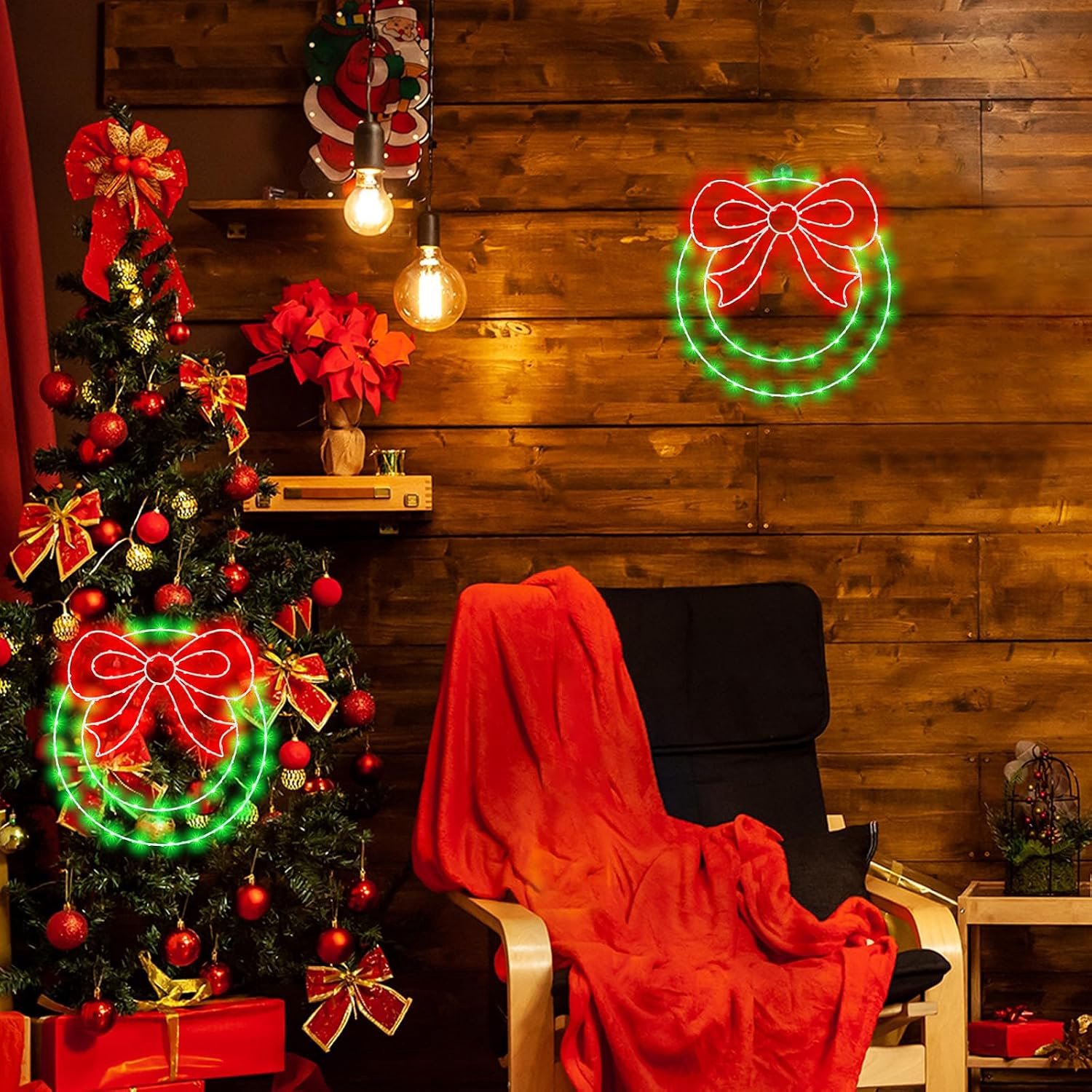 Kerstkrans van 31 cm voor het raam (met strik en verlichting), met afstandsbediening, werkt op batterijen, geschikt voor het versieren van ramen en deuren. – foto 3
