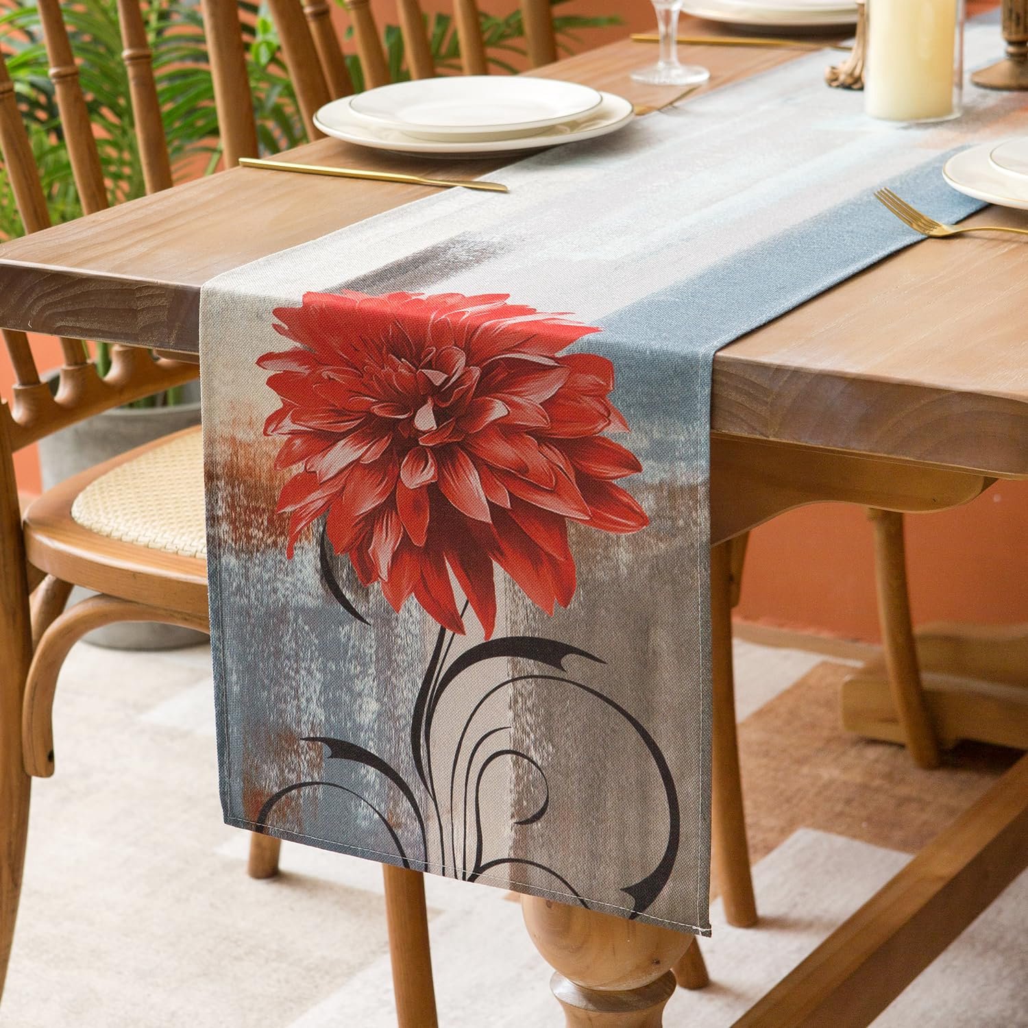 Luxe Tafel Runner - Moderne Bloemen in Oranje en Grijs