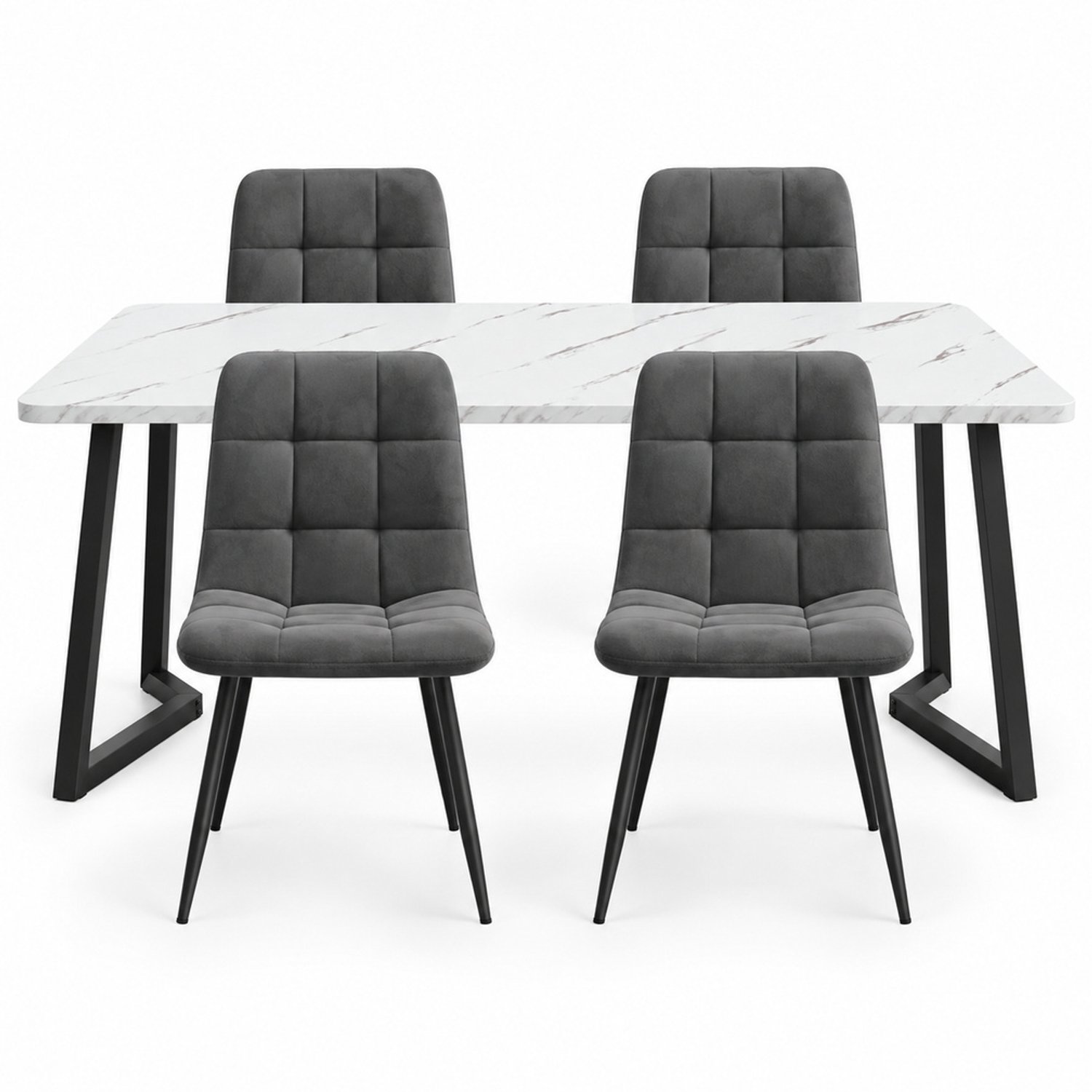 LONG DRAGON - Eethoek - Tafel met 4 velvet stoelen - Rechthoekige eettafel - Zwarte tafelpoten - Donkergrijs - 117 cm