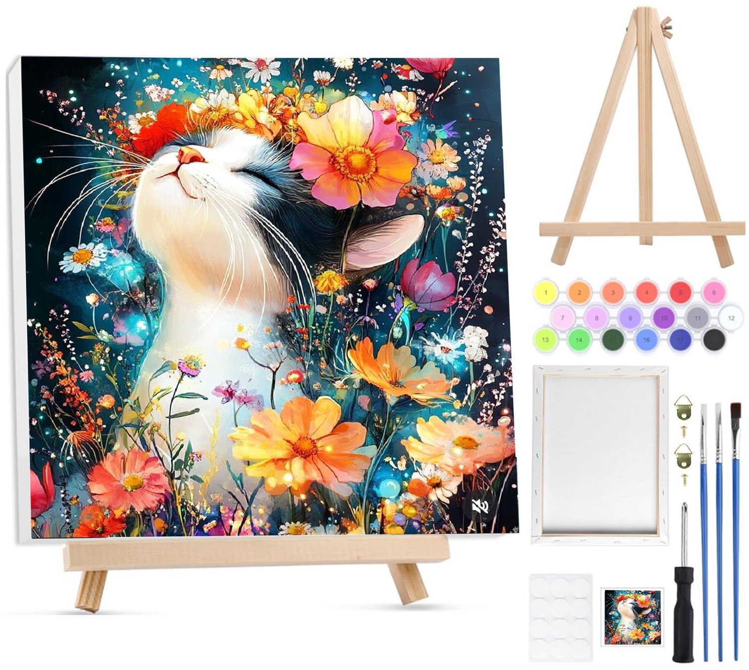 Schilderen op Nummer Kat en Bloemen - DIY Acryl Verf Kit voor Volwassenen