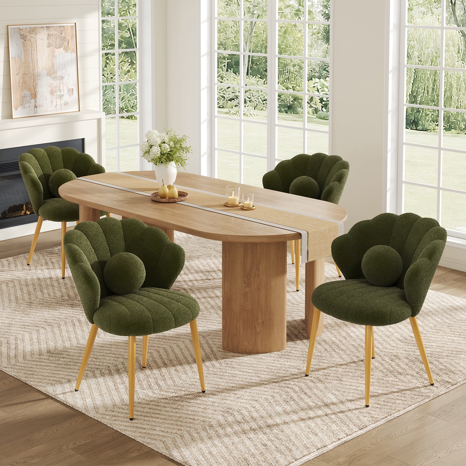 HAUSS SPOLE Eetkamerstoelen - Set van 4 - Schelpvormige Kuipstoelen met Sierkussens - Voor Eetkamer en Kaptafel - Teddystof - Groen