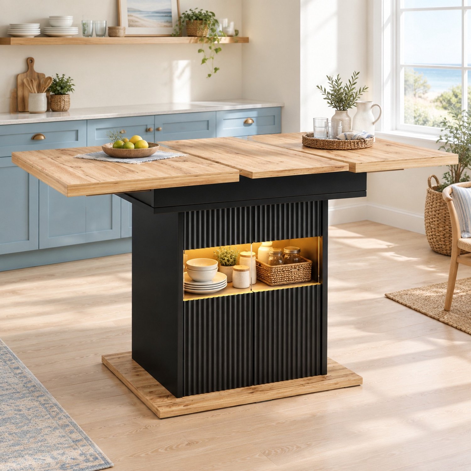 Wishdor Uitschuifbare eettafel - Opbergruimte met LED-verlichting - Verstelbare legplank en geribbeld front - Moderne houtlook - Keuken eetkamer werkplek - MDF en metaal - Zwart - 110/140 x 80 x 76 cm Zwart en houtkleurig