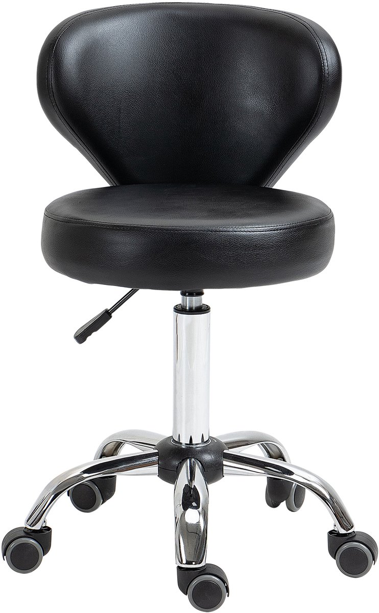 Salonkruk - in hoogte verstelbaar 51-66 cm, 360° draaibaar, met rugleuning, op wielen, kunstleer, zwart, voor beautyruimte en thuis