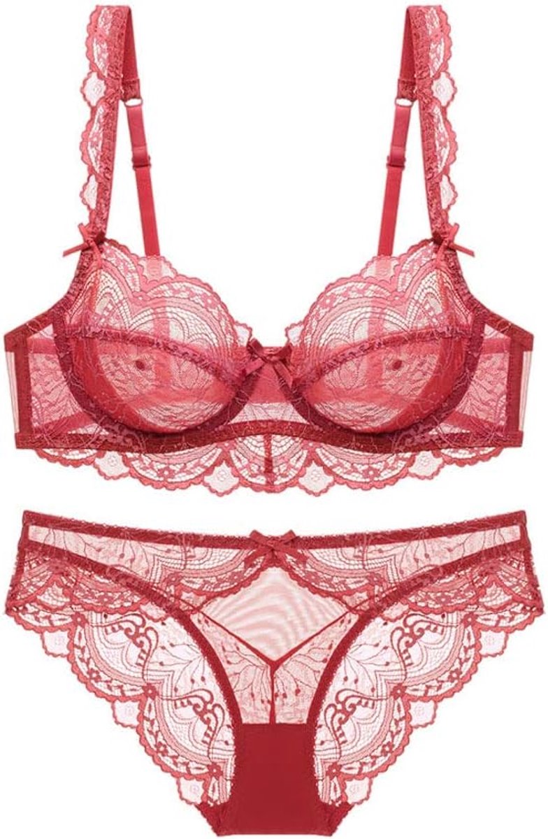 BH En Panty Set Transparante Dunne Kant Holle Brassiere, Pink, 95C