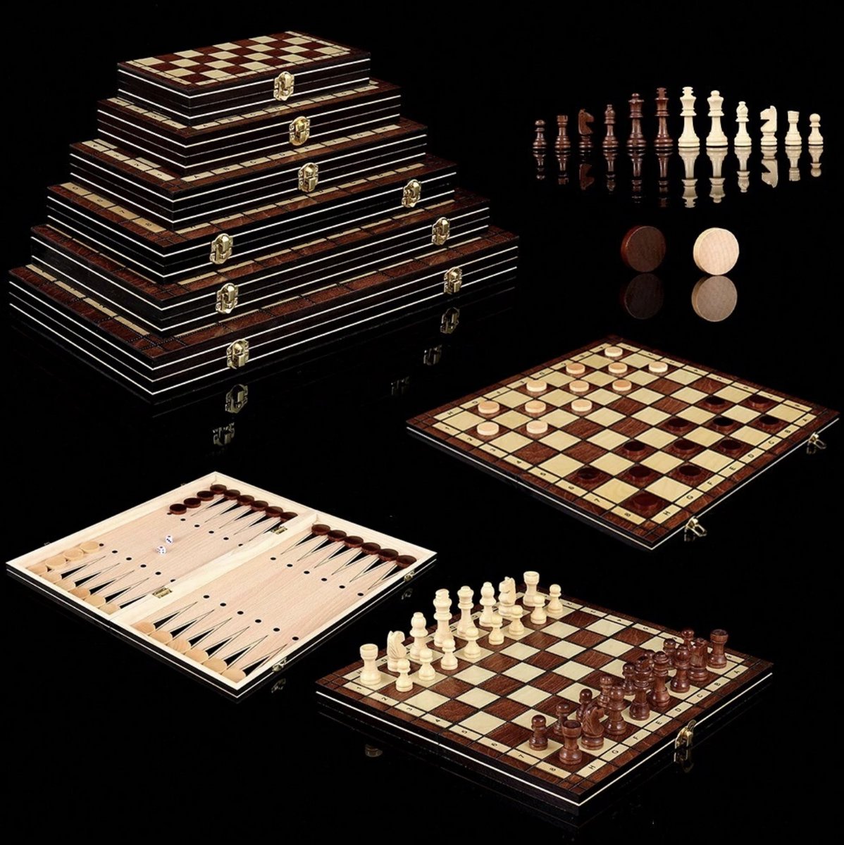 Flero Houten Bordspel 3-in-1 - Schaken, Dammen en Backgammon in Opvouwbare Houten Koffer van 29 cm - Schaakbord - Schaakspel - Dambord - Gezelschapsspel - Strategisch Denkspel, Reisspel, Familiespel, Cadeau