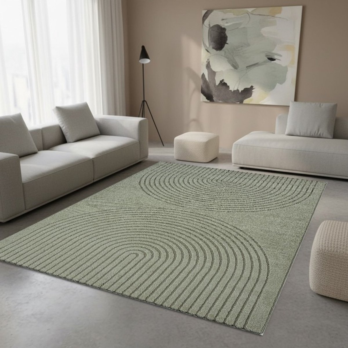 TapisTrend Designer tapijt Groen 120x160 cm Modern vloerkleed met dubbele concentrische bogen in reliëf voor woonkamer, slaapkamer en eetkamer