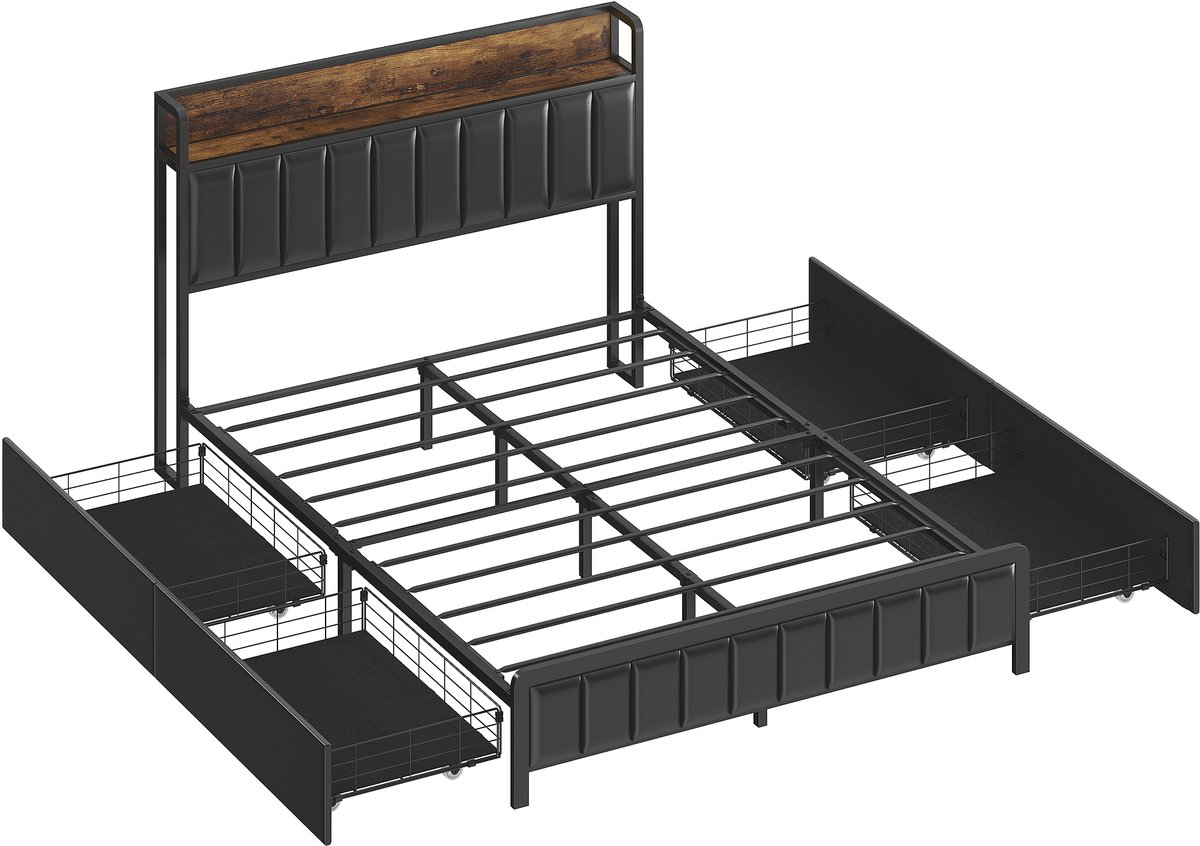 Bedframe van 140 x 190 cm met metalen lattenbodem - gestoffeerd tweepersoonsbed met 4 lades en een plank - zwart
