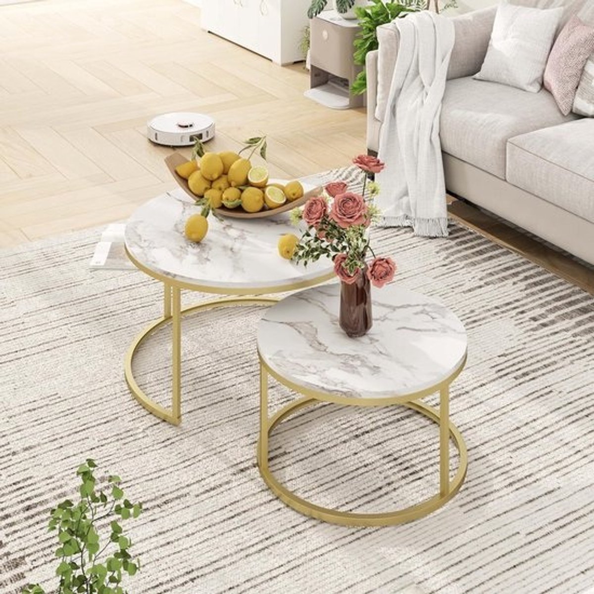 Set van 2 ronde salontafels - marmerlook - goudkleurig metalen frame