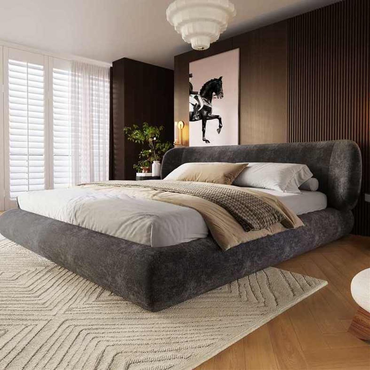 REDOM Gestoffeerd tweepersoonsbed - Chenille bekleding - Hoofdbord en lattenbodem - Afgeronde randen - Hout en metaal - Grijs - 140 x 190 cm
