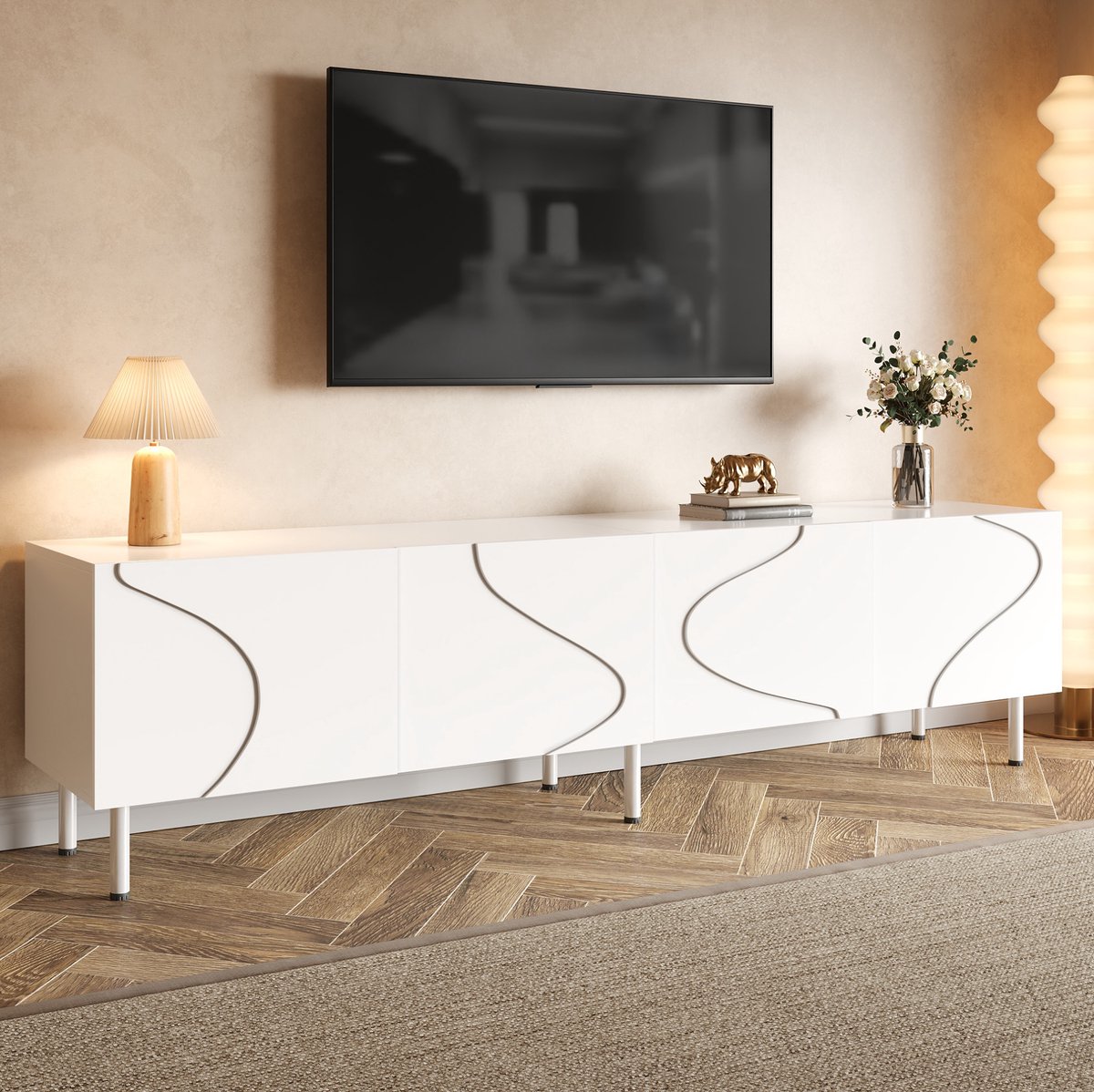 REDOM TV meubel - 4 deuren met push-to-open - Vaste legplanken en kabeldoorvoeren - Metalen poten - MDF en spaanplaat - Wit - 170 x 35 x 50 cm