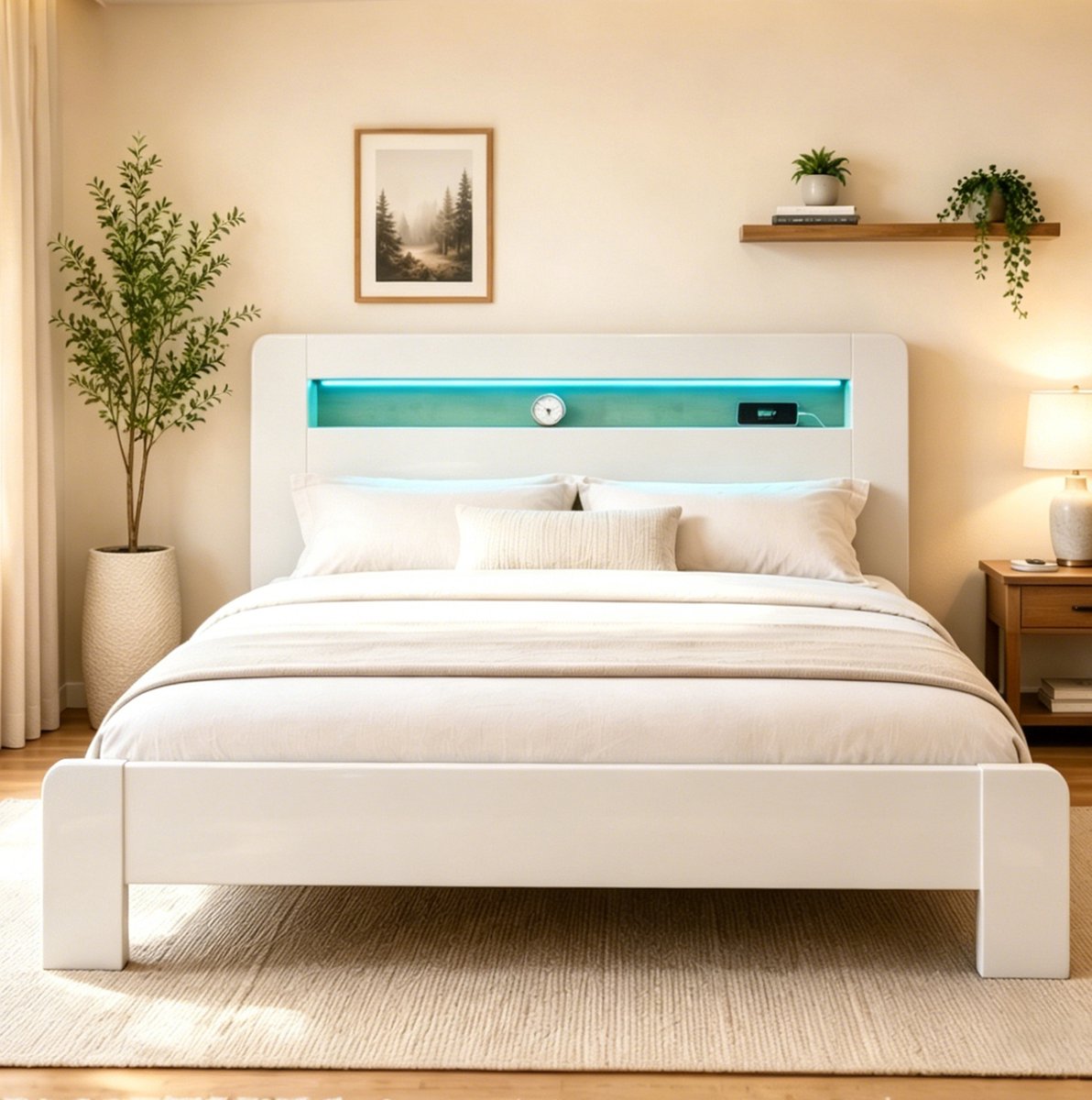 REDOM Bedframe - Opbergruimte in hoofdbord - LED-verlichting en stopcontacten - Lattenbodem - Hout en MDF - Wit - 180 x 200 cm