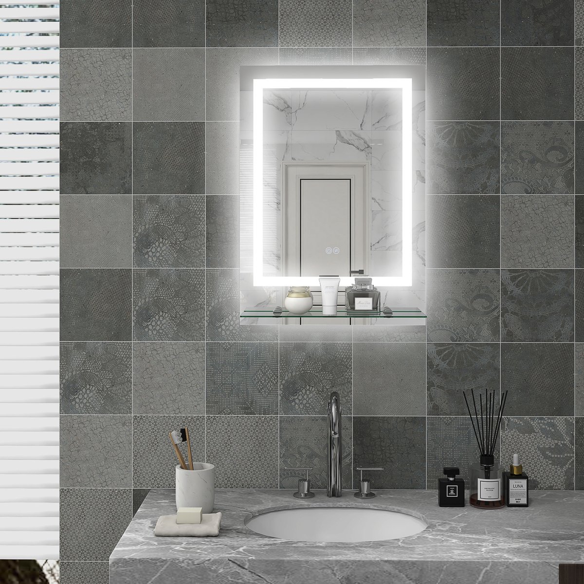 REDOM - LED-badkamerspiegel - 3 instelbare lichtkleuren - Touchbediening en geheugenfunctie - Anti-condensfunctie - Glazen plank - Glas - Transparant - 70 x 50 x 2,7 cm