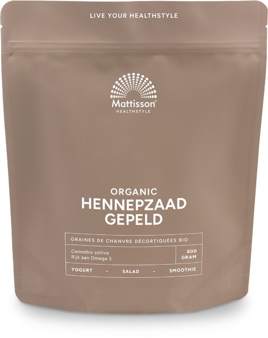 Mattisson biologisch gepeld hennepzaad, 800 gram. "LIVE YOUR HEALTHSTYLE"