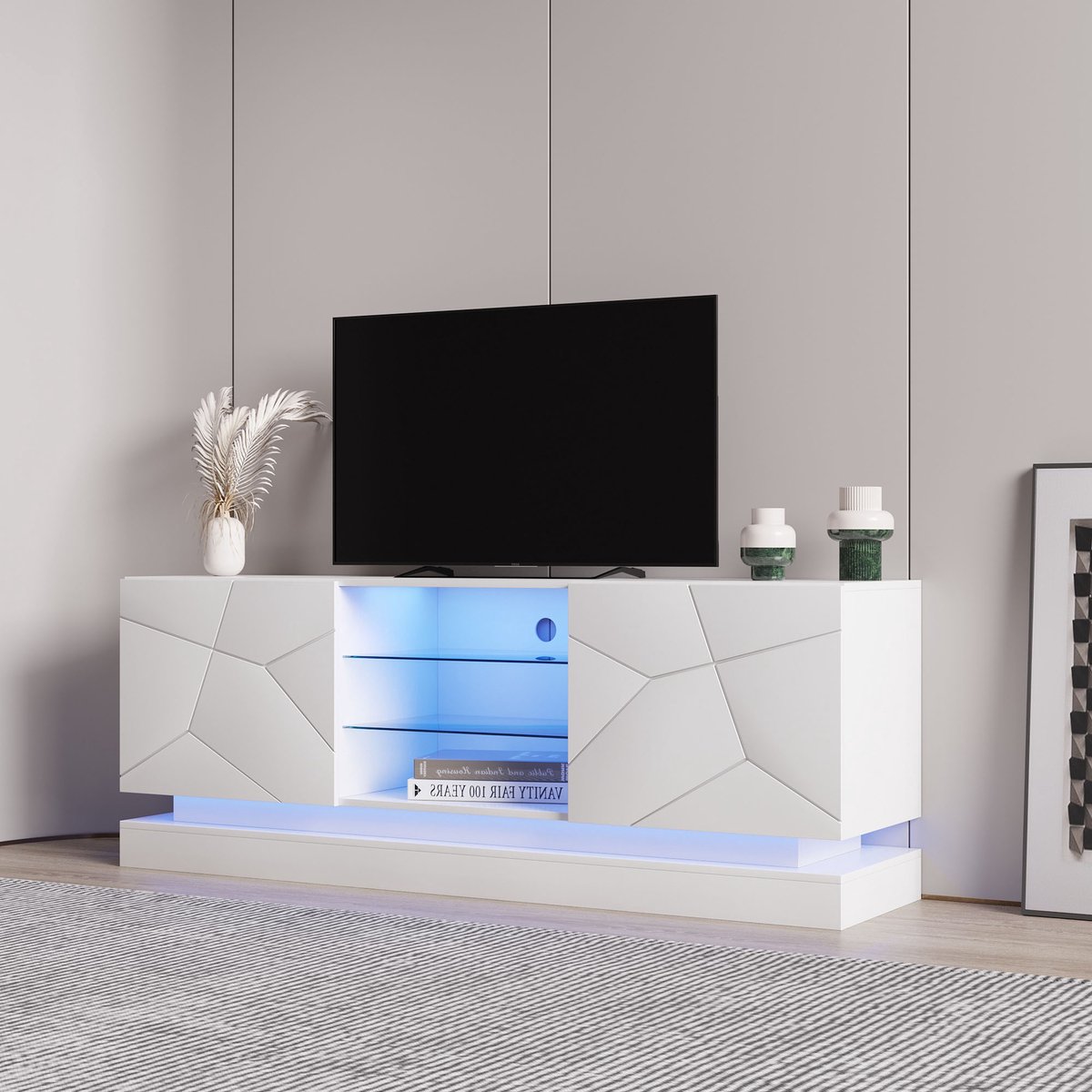 MUVANO Mat wit tv meubel 160 cm - Geschikt voor 70 inch tv - Tv dressoir-Opbergkast met deuren - 160x38,5x60 cm- Kabelmanagement - Woonkamer Wit