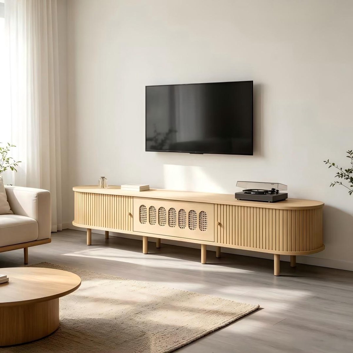 MUVANO Tv Meubel 180 cm - Tv Kast Rotan Design - Licht Houten Tv Dressoir - Lowboard Met Roldeuren - 180x40x40cm - Opbergen - Woonkamer Licht Hout Natuurlijke kleur