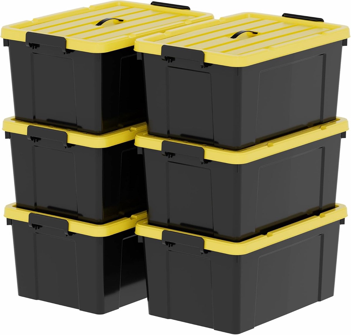 65L x 6 opbergdozen, plastic opbergdoos met deksels, container met handvat voor gereedschap, buiten, tuin, huis, stapelbaar, nesten, zwart en geel, 65L (6 stuks)