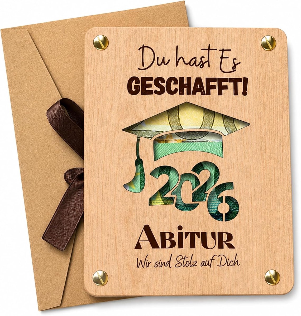 Houten geldcadeau, creatief geldgeschenk voor eindexamen 2026, met envelop, origineel cadeau voor eindexamenfeest, voor meisjes en jongens, perfect cadeau voor afstuderen