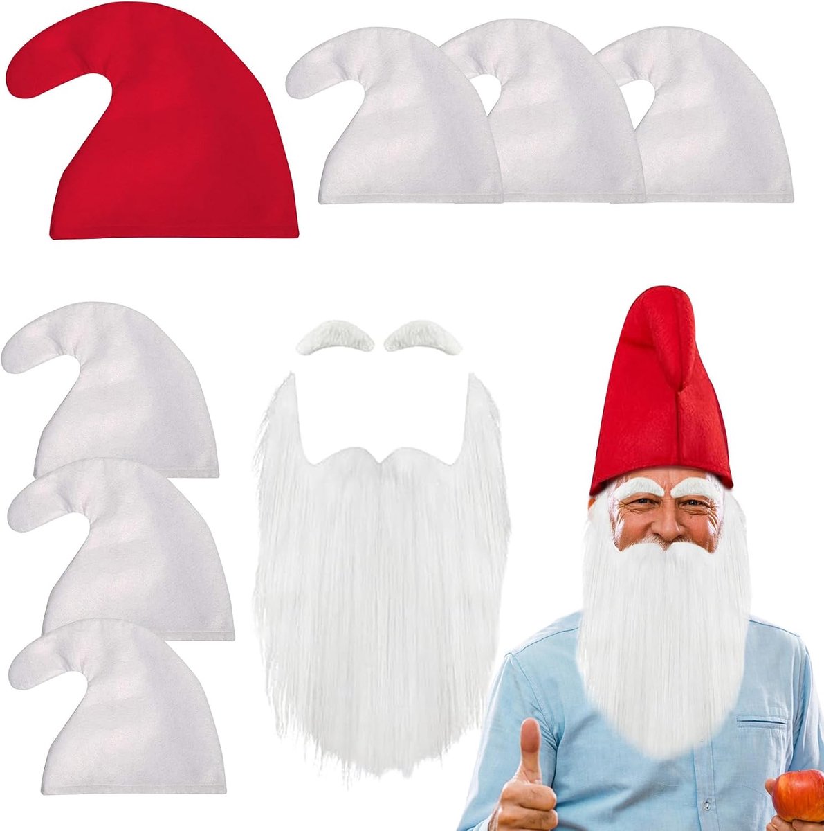 7-delige kaboutermutsenset met baard en wenkbrauwen, Kaboutermuts, Kaboutermuts voor Carnaval, Halloween en Kerstmis