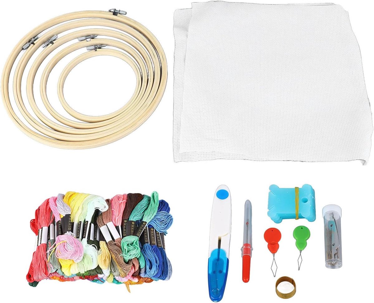 Borduurset, met 5 borduurringen, 100 kleurendraden, 2 borduurdoeken, borduurstartpakket voor volwassenen en kinderen, beginners