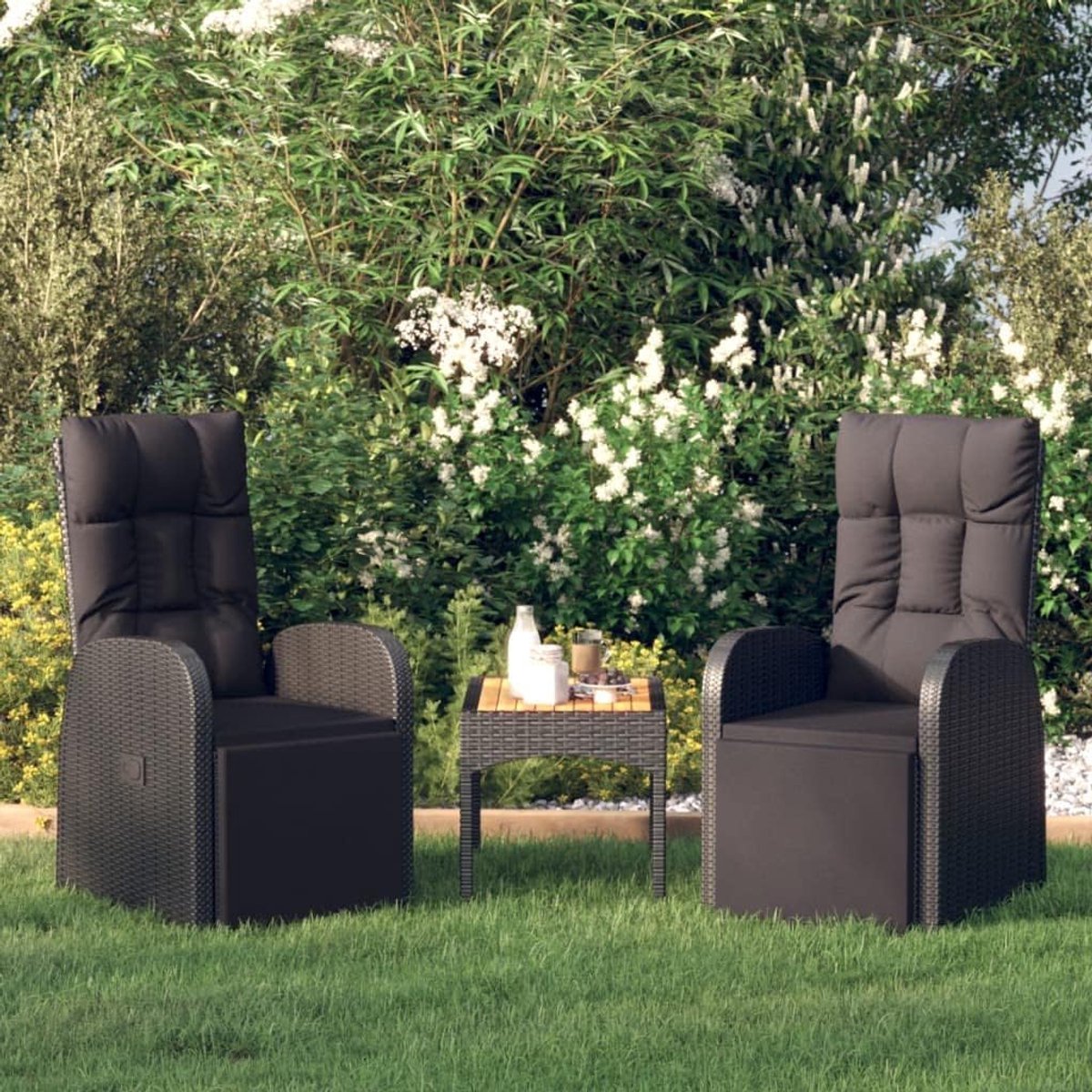 Tuinstoel met kussen, 2 stuks, verstelbaar, zwart, polyrotan, outdoorstoelen, terrasstoelen, vrijetijdsstoelen, balkonstoelen voor terrassen, tuinen, terrassen