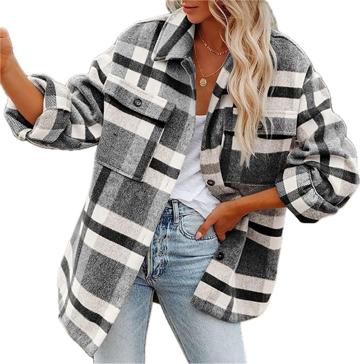Flanellen shirts voor dames, lange mouwen, shacket voor dames, geruit overhemd, blouses, casual tops, vest, herfst, winterjas, jas
