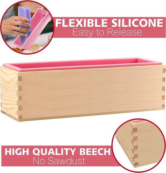 Mallen kit met snijders - 44 oz flexibele siliconen brood zeepvorm met houten doos, roestvrij staal golvende en rechte schraper voor zelfgemaakte ambachtelijke zeep — afbeelding 4