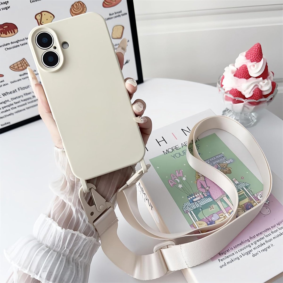 Liquid siliconen telefoonketting, hoes voor iPhone 16 Pro, siliconen macaronkleur, verstelbare halsketting, telefoonhoes met stijlvolle band, meisjes, krasbestendig, beige