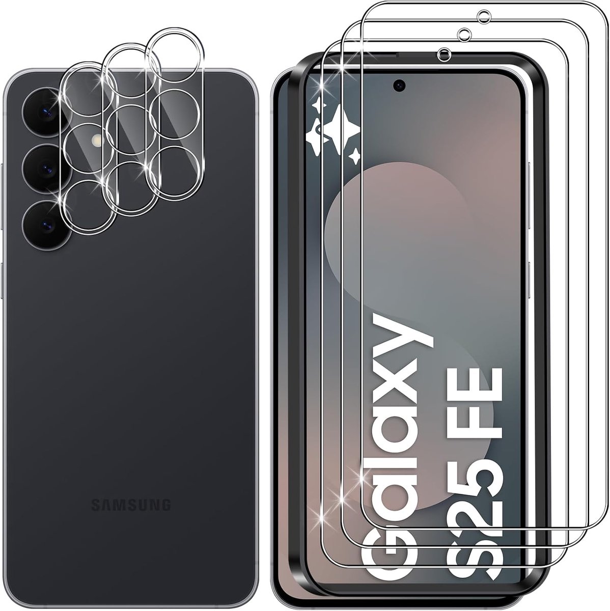 Lutree voor Samsung Galaxy S25 FE 5G gehard glas screenprotector, 3+3 stuks beschermglas + camerabeschermingsfolie, 9H hardheid HD anti-kras luchtbellenvrij displayfolie schermbescherming