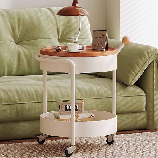2-Tier Wit Metalen Eindtafel, Roterende Houtnerf Desktop, Verborgen Opslag & 360° Rolling Wielen voor Slaapkamer — afbeelding 3
