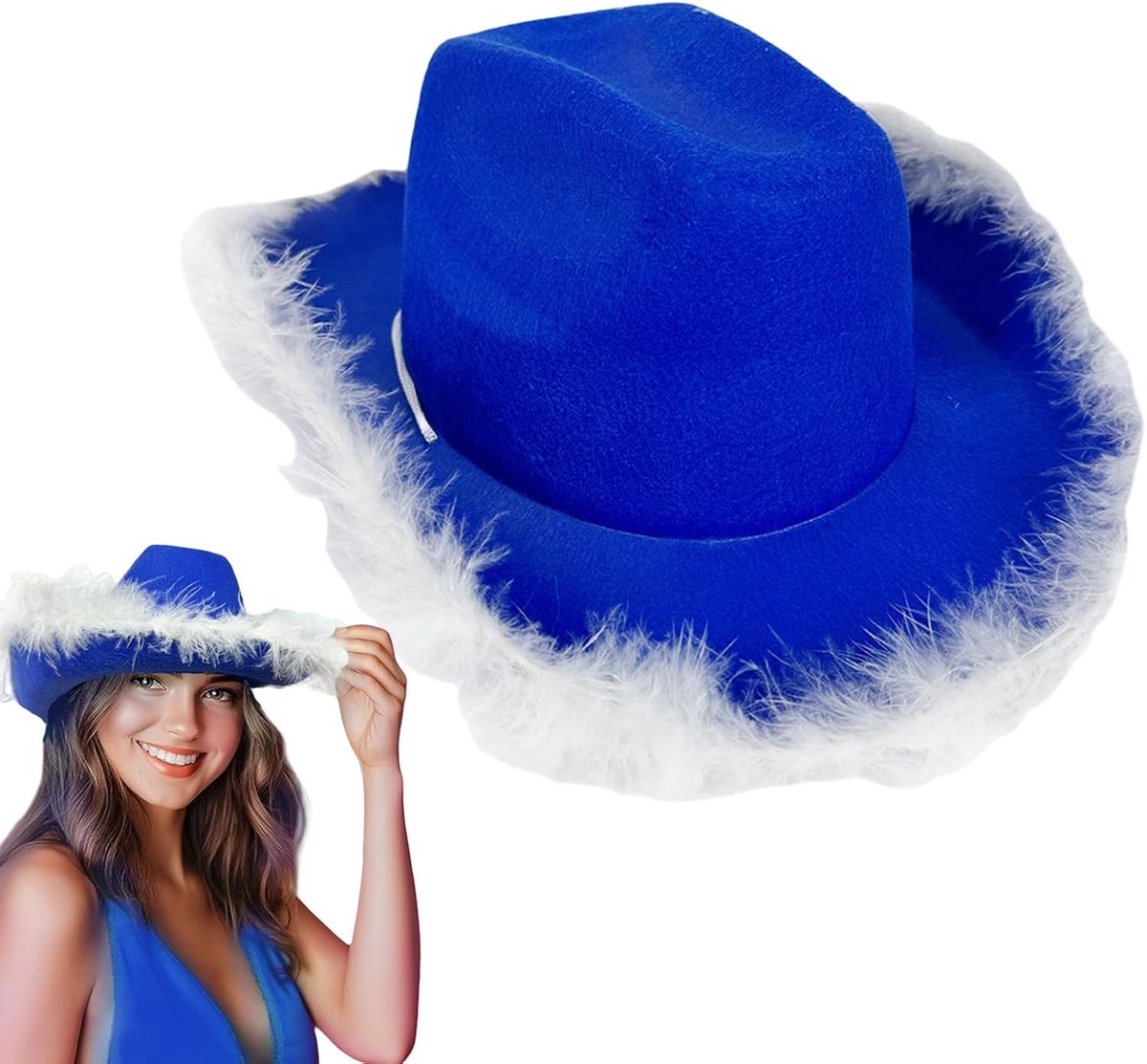 Cowboyhoed met veer, cowgirl-boa, blauw, western, vilt, stijlvol hoofddeksel voor feestkostuums, accessoires, Halloween, hoofddeksel, grappige hoed om te verkleden