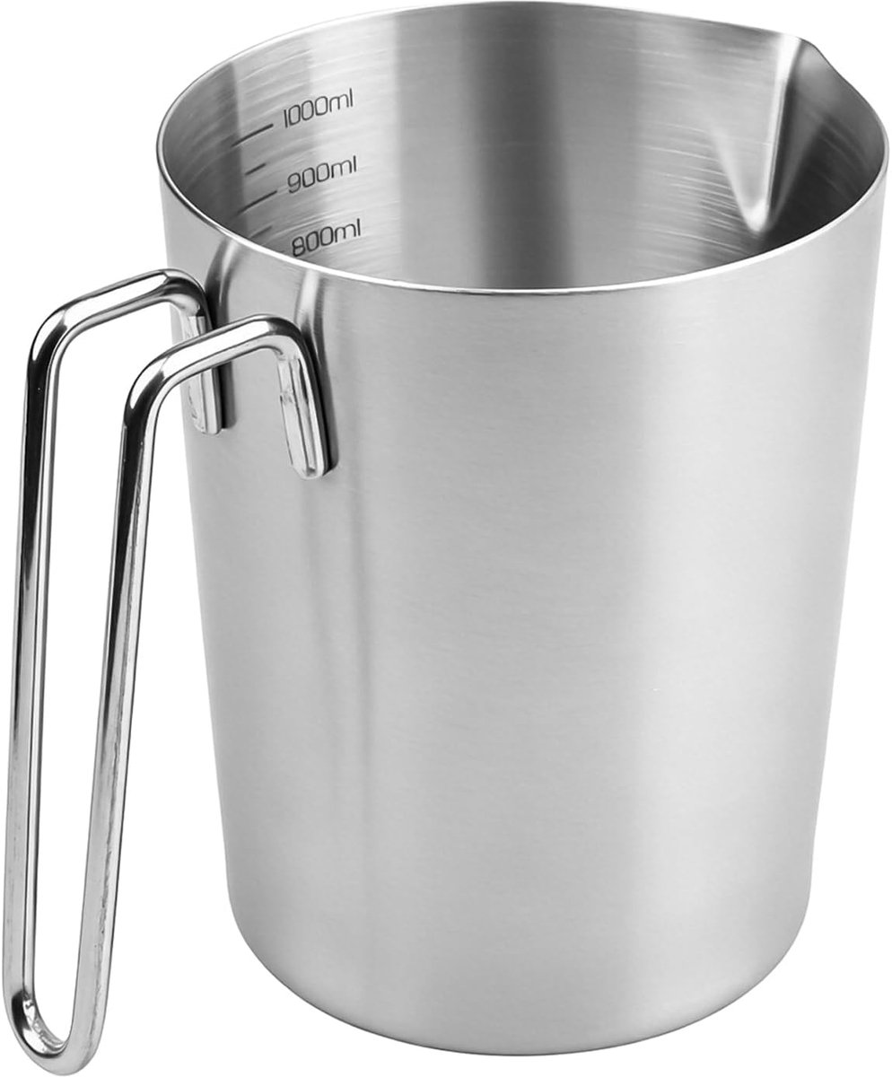 Maatbeker van roestvrij staal, 1 liter, metalen maatbeker met markering en handvat, melkkannetje, voedselveilig 304 roestvrij staal, voor melkkannetjes, koffiepot, ijsemmer, vaatwasmachinebestendig