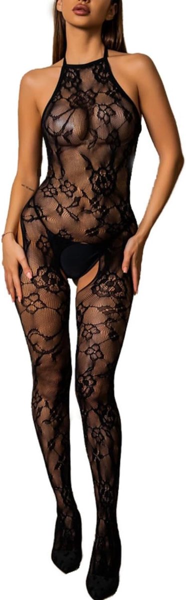 Damesjurk, nauwsluitend, transparant ondergoed, babydoll, mini-jurk, netstof, sexy, V-hals, halslijn, lange mouwen, elastisch, bodycon, eendelig