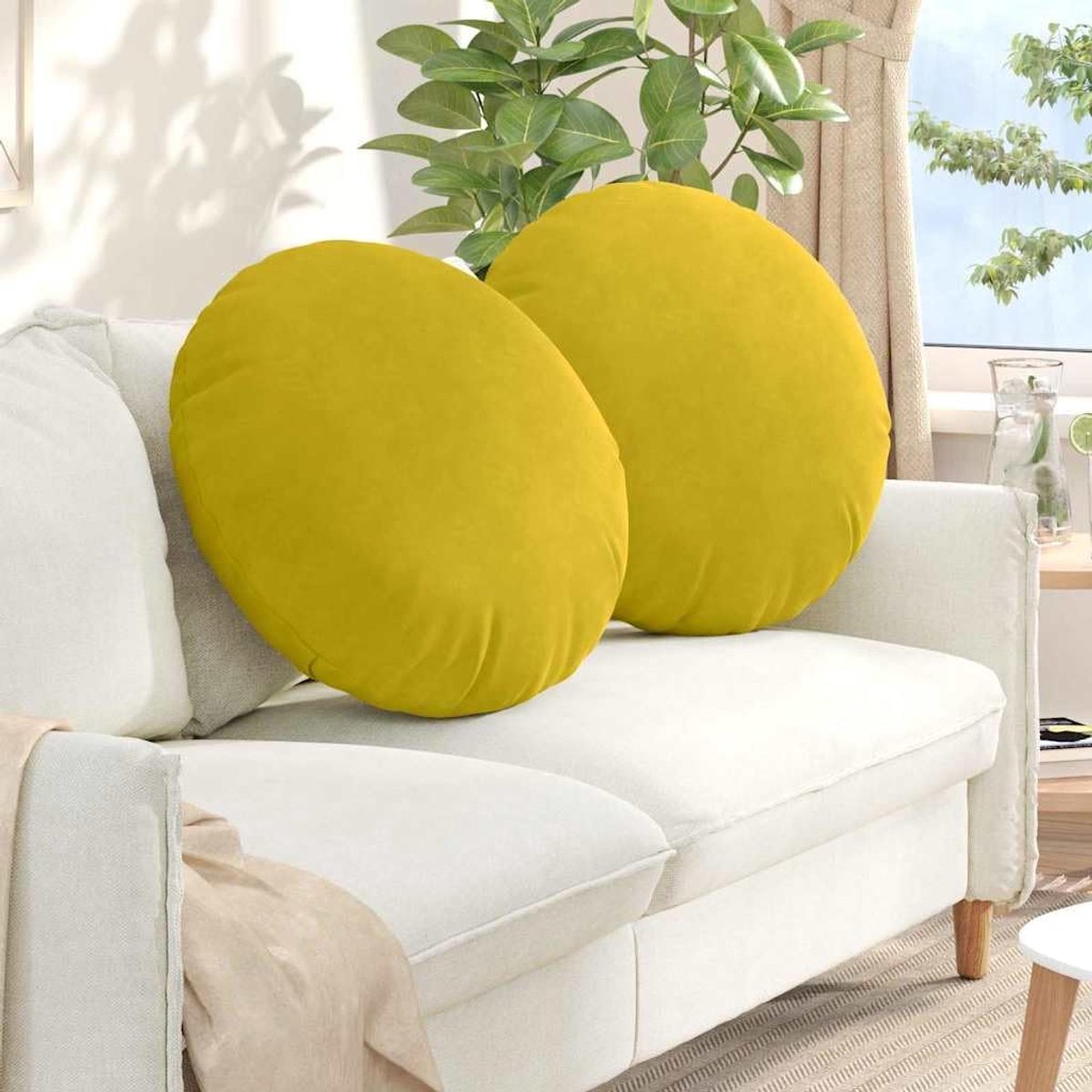 Rond zitkussen, 2 stuks, geel fluweel, diameter 80 x 29 cm, met polyestervezelvulling, luxe fluwelen oppervlak, afneembare overtrek met ritssluiting voor eenvoudige reiniging,