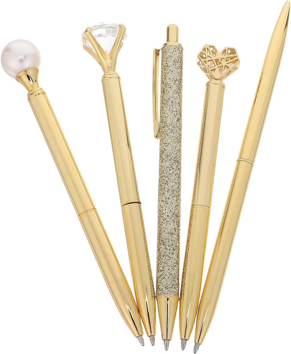 5 Stuks Delige Set Metalen Goudkleurige Retractabele Balpennen Medium Punt Snelle-drogende Zwarte Inkt Soepele Klikpennen voor Journaling Gastenboek Kantoorbenodigdheden