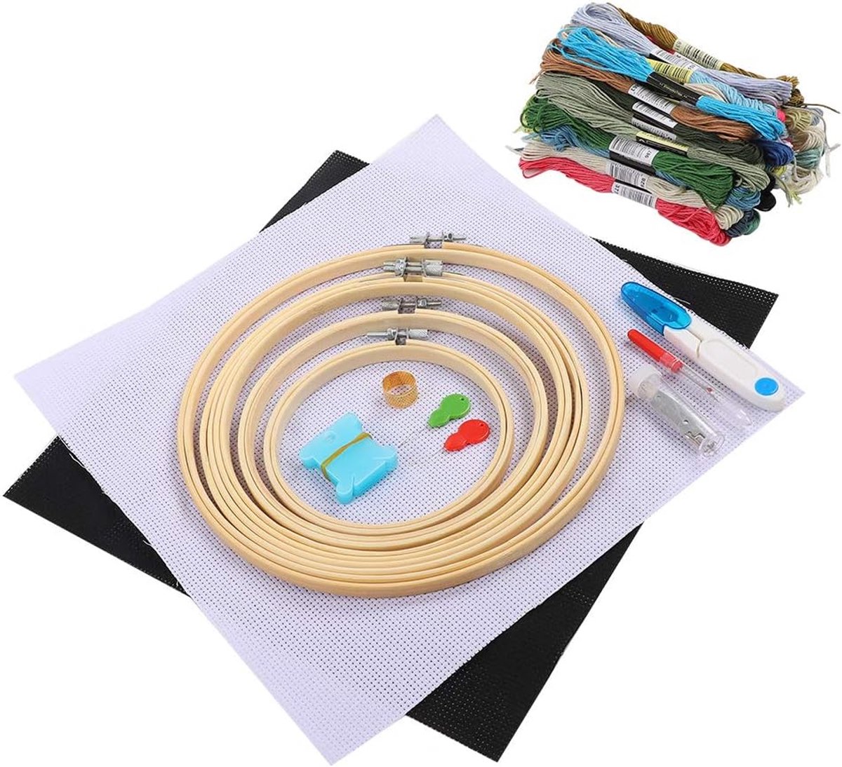 Borduurpakket voor Beginners, Bamboe Hoops Kruissteekset met Polyester Katoenen Draad Schaar Naalden, Complete DIY Handwerkbenodigdheden voor Naaien & Vriendschapsarmbanden