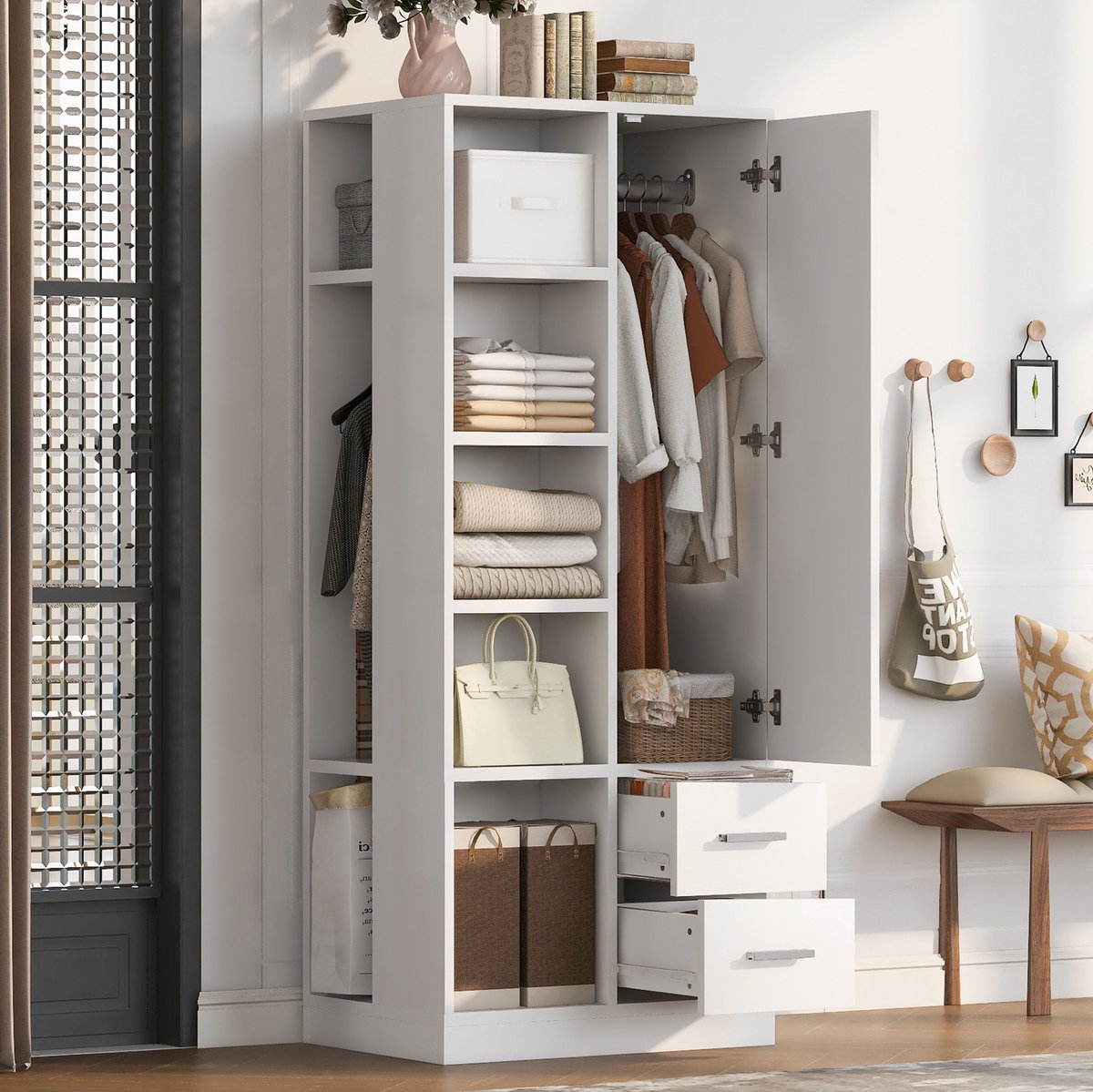 MODENUIT Kledingkast - 1 Deur Met 2 Lades En 2 Kledingroedes - Voor Slaapkamer - Hout - 70x50x170 Cm - Wit
