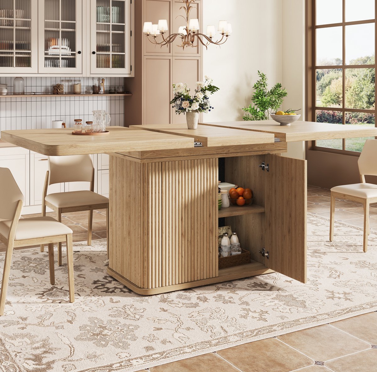 DESMIU Eettafel - Uitschuifbaar Met Verborgen Opbergruimte - Voor Eten En Werken - MDF En Metaal - 140-180x80x76,5 Cm - Licht Houtkleurig