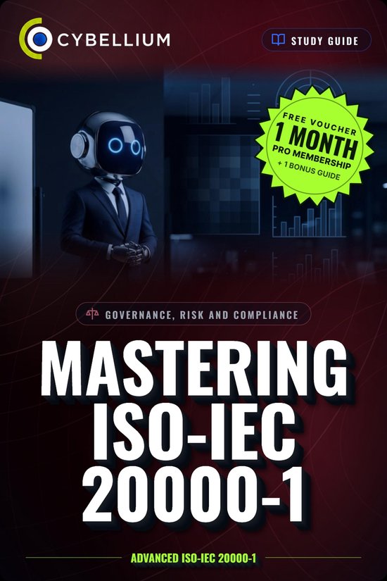 Studiegids voor Mastering ISO-IEC 20000-1 met een robot in een pak en een voucher voor 1 maand gratis pro-lidmaatschap.