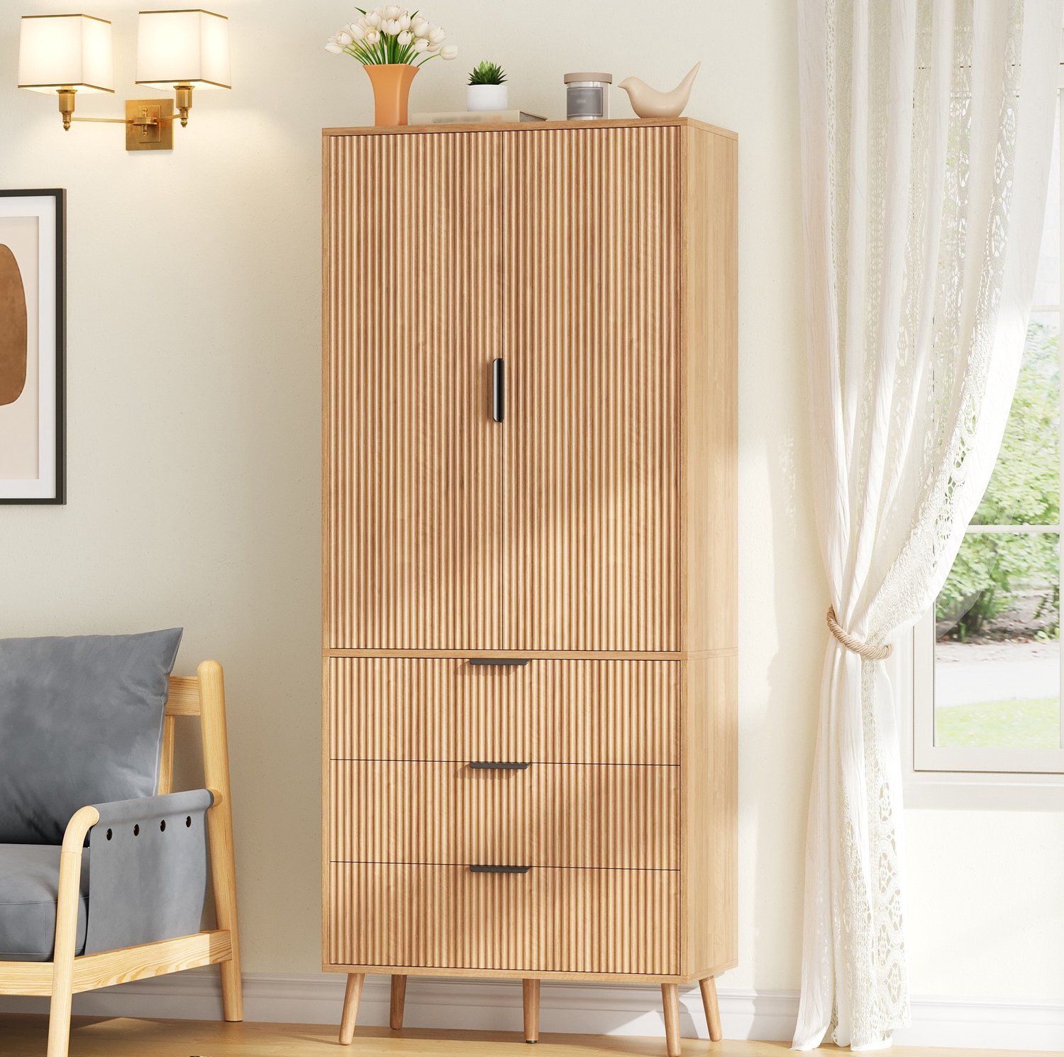 MODENUIT Keukenkast - 2 Deuren, 3 Lades En Verstelbare Planken - MDF - Natural - 75x35x180 cm