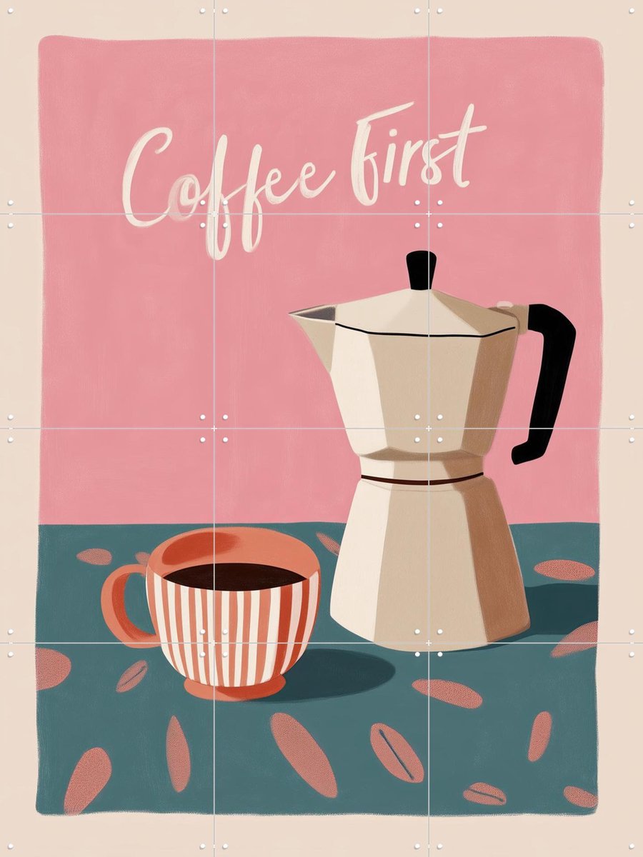 IXXI Coffee First, Branka Kodžoman - 60 x 80 cm - Gratis ophangtool - Grote wanddecoratie en posters - Typografie, Kleurrijk, Modern, Digitale Kunst